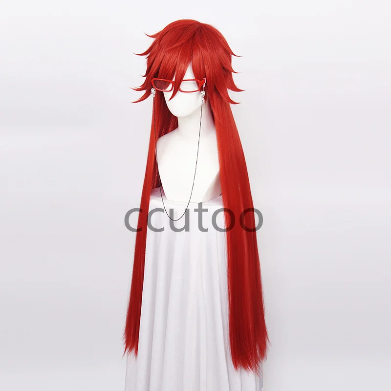 New Kuroshitsuji Black Butler Grell Sutcliff Red Long Heat Resistant Synthetic Hair Cosplay Wig With Skull Chain Glasses
