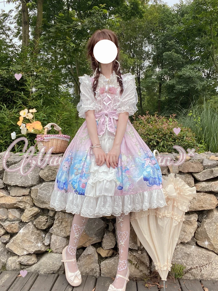 KIMOKOKM-vestidos de princesa estilo Lolita, ropa Kawaii con cuello cuadrado, lazo de encaje, volantes en cascada, sin mangas, camisola para Cosplay