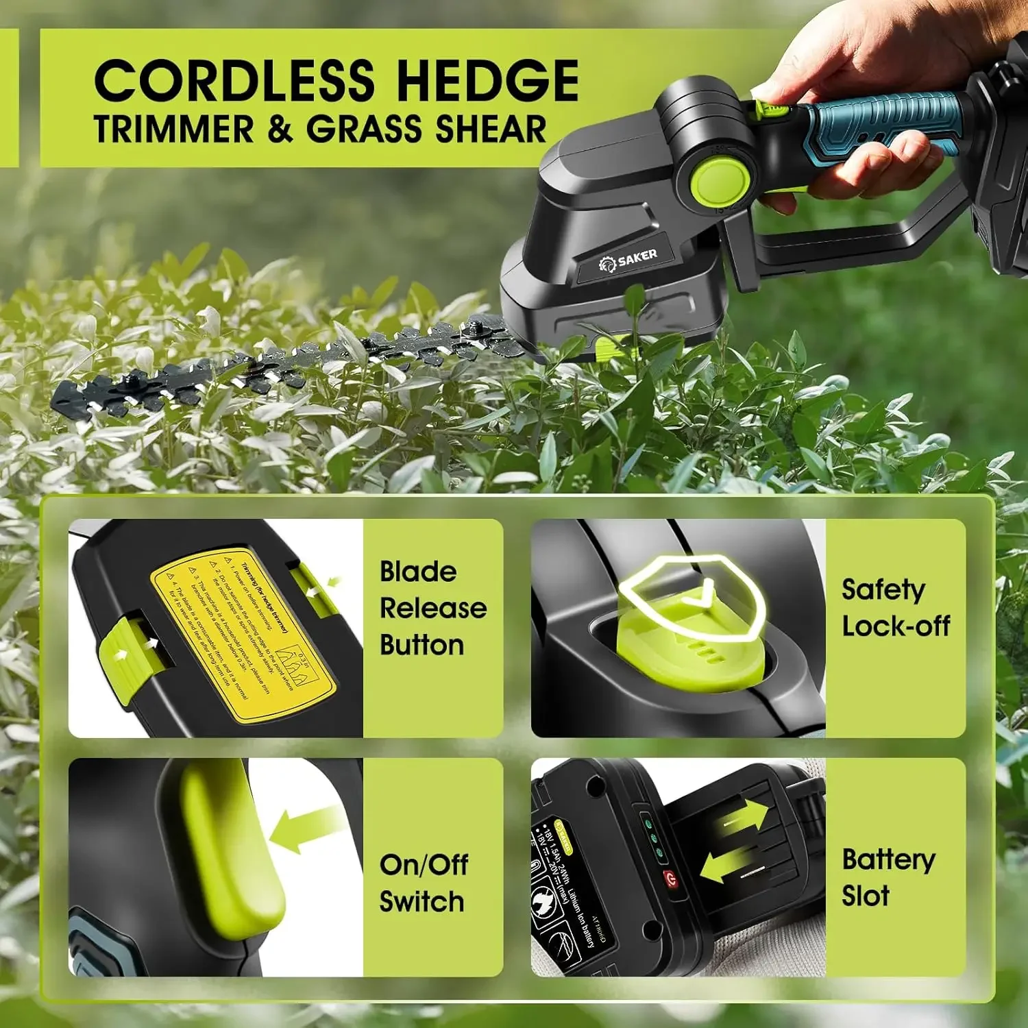 Cordless Hedge Trimmer-20V Electric Shrub Trimmer Grass Shears Handheld Grass Cutter, Hedge Shear with 2 PCS Rechargeable