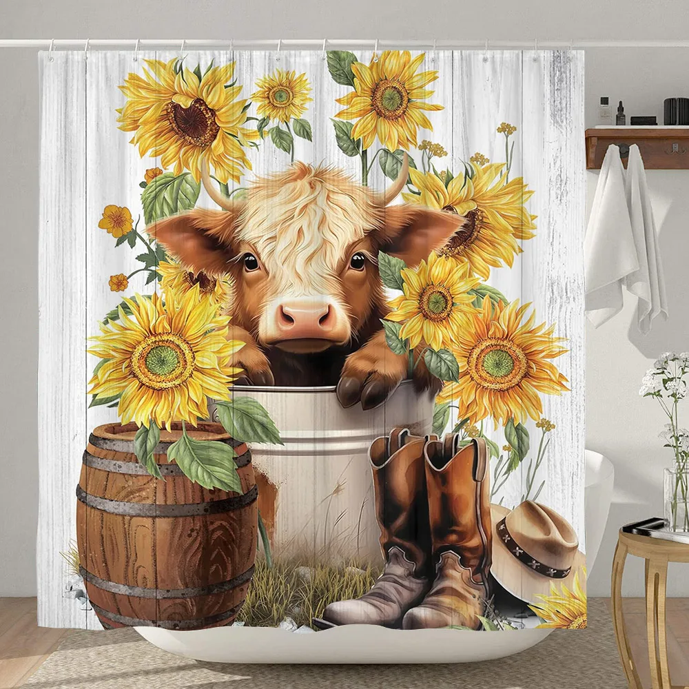 Highland Cow Shower Curtain Farmhouse Funny Bull Rustic Western Watercolor Spring Florral Cute Animal Plant Kids Bathroom Decor