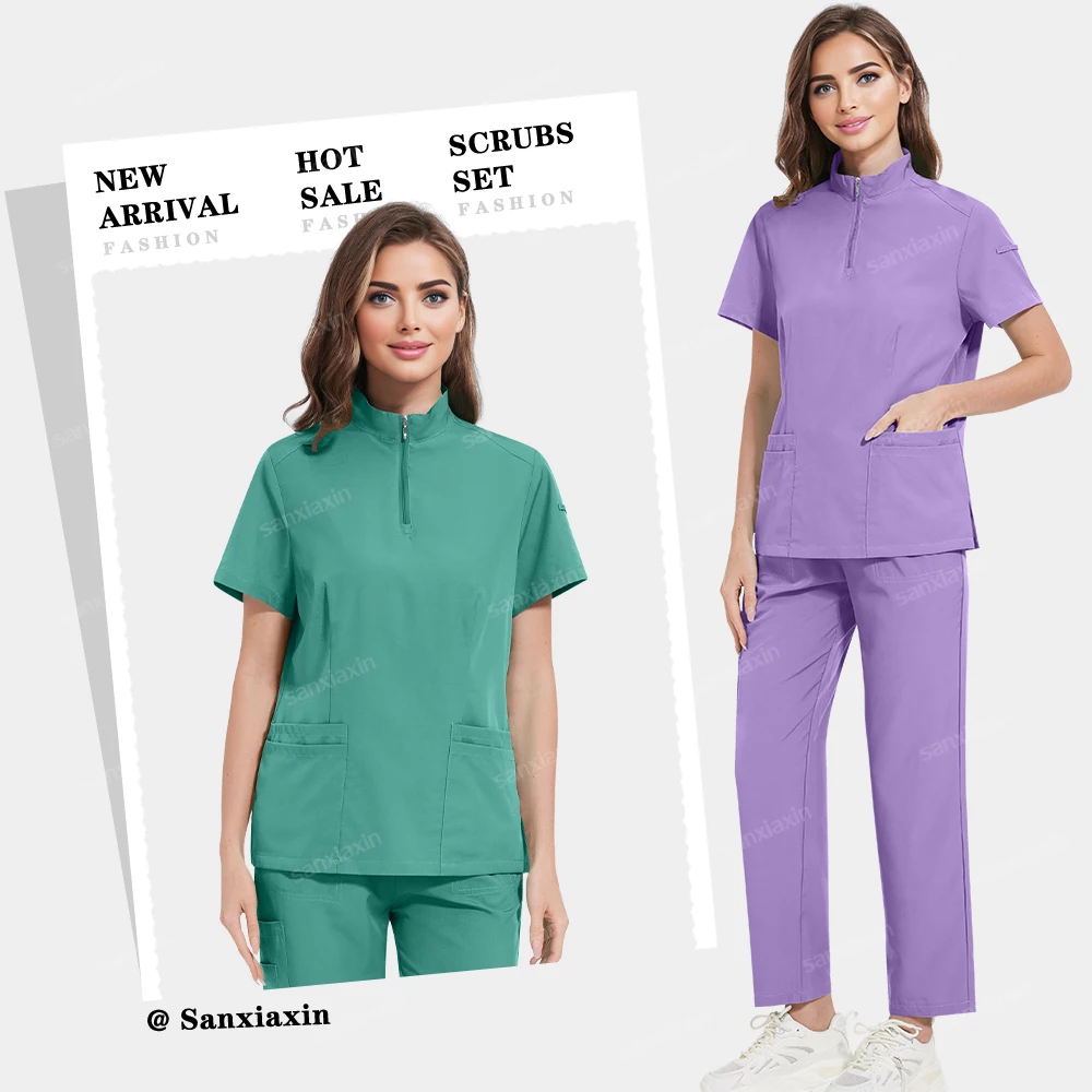 Women's 4-Pocket Zip-Neck Short Sleeve Scrub Top Nurse Uniforms Women Medical Nurses Accessories for Hospital Doctor Uniform