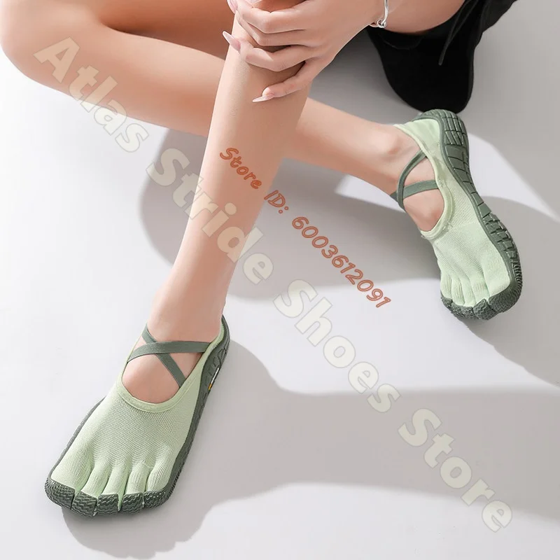 Light Mint Quick Dry Knit Water Skin Shoes Elastic Cross Instep Strap Separate Toe Sneakers Anti Slip Rubber Sole YOGA Flats
