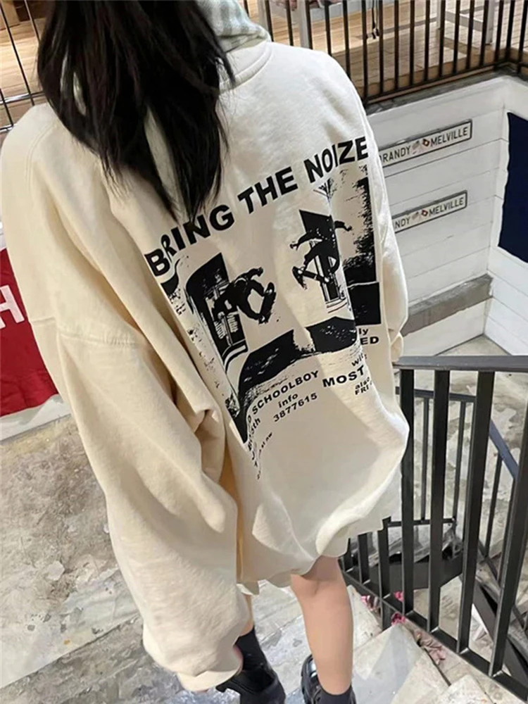 Letter Print Cotton Sweatshirts Women Y2k Streetwear O Neck Soft Cotton Long Sleeve Pullovers Vintage Casual Oversized Hoodies