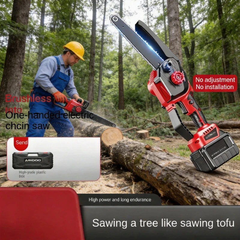 One-Hand Rechargeable Lithium Electric Chainsaw, Small Handheld Household Saw for Outdoor Tree & Firewood Cutting