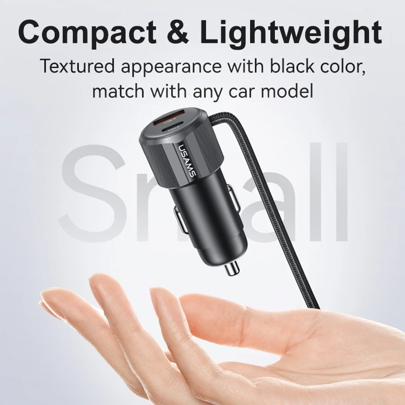 USAMS CC287 YT Series 66W USB وType-C شاحن سيارة مزدوج المنافذ مع كابل 2 في 1 (