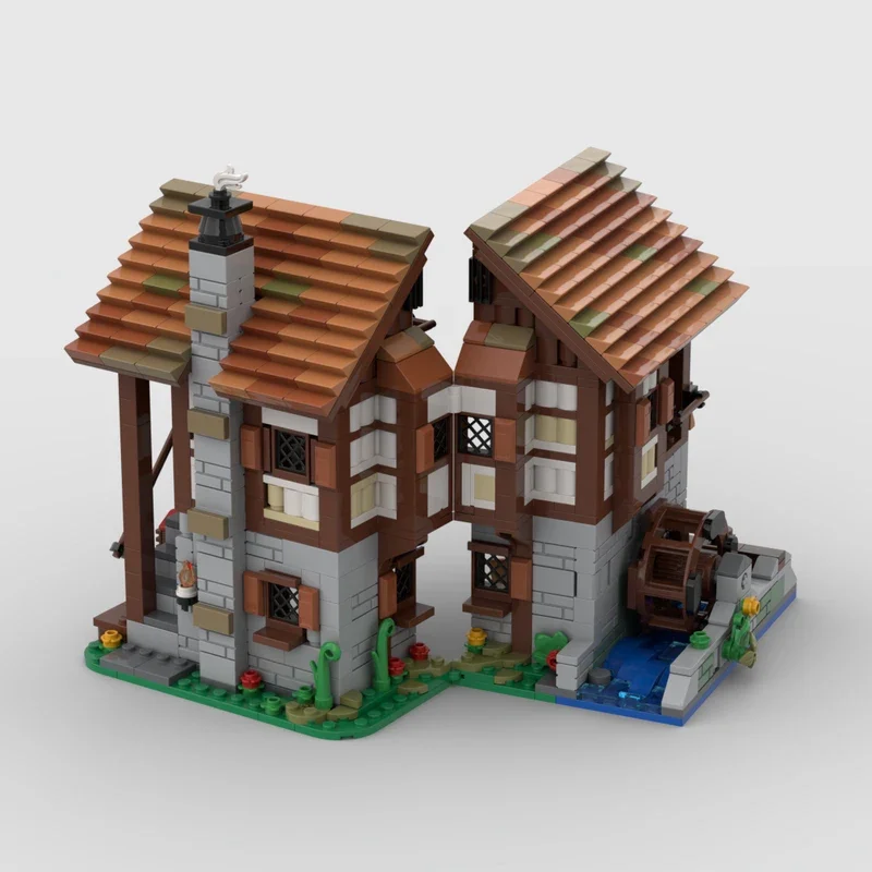 medieval water mill bricks village blocks modular mill castle building moc house architecture unique display klocki