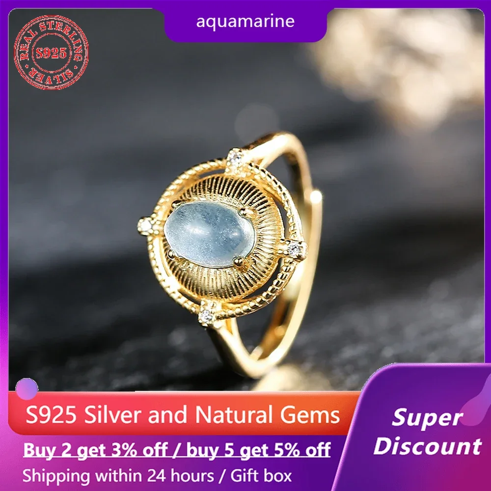 

New 18k gold plated S925 sterling silver women's ring paired with aquamarine crystal wedding jewelry gift size adjustable