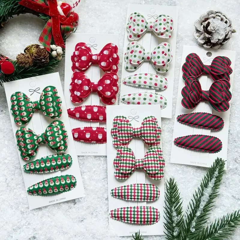 Pinces à cheveux avec nœud pour enfants, Barrettes en coton pour filles, cadeau mignon, épingle à cheveux en tissu à carreaux BB, couvre-chef, accessoires pour cheveux de bébé, 4 pièces/ensemble
