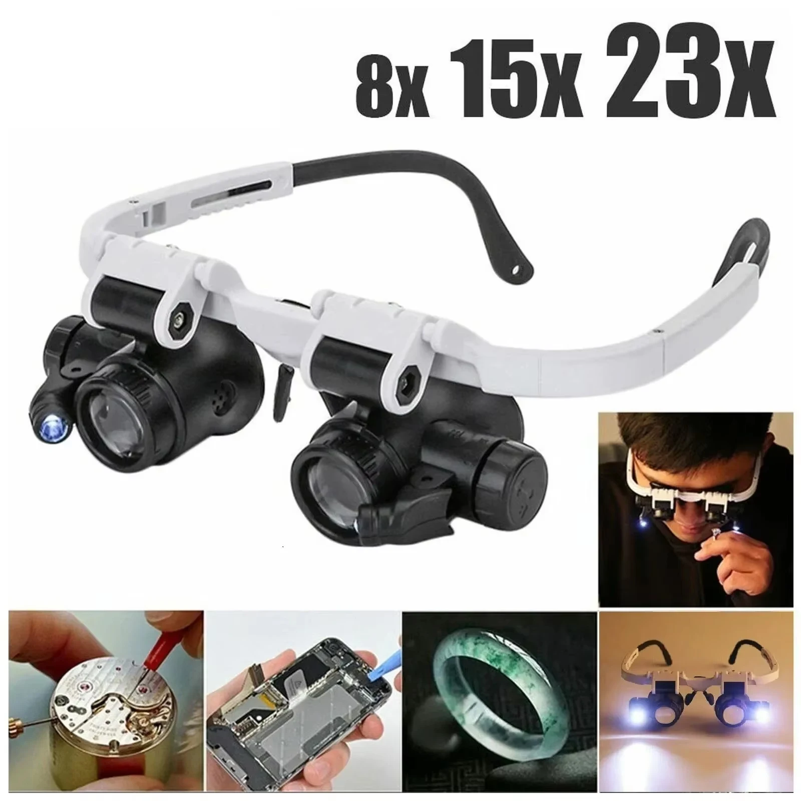 Óculos de aumento com LED e suporte ajustável para cabeça, lentes 8X 15X 23X para reparo de relógios e joias.