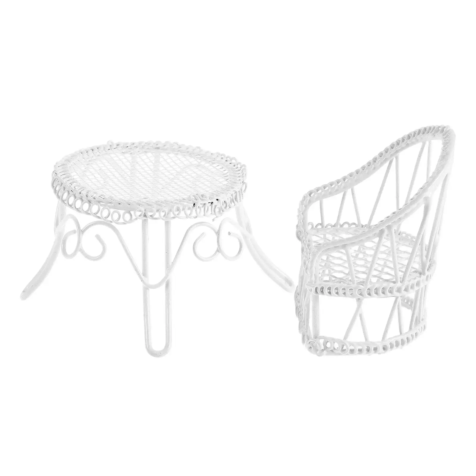 ミニチュアテーブルチェアセット、アイアンホワイト、ミニチュアドールハウス、ガーデン スツール、家具、おもちゃ、装飾、オフィスデスク小道具、寝室、ホームモデル、1セット