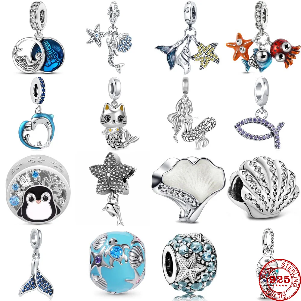 2024 Hot Sale 925 Sterling Silver Conch Penguin Mermaid Dolphin Fish Charms Beads Fit Original Pendant Bracelet DIY Jewelry Gift