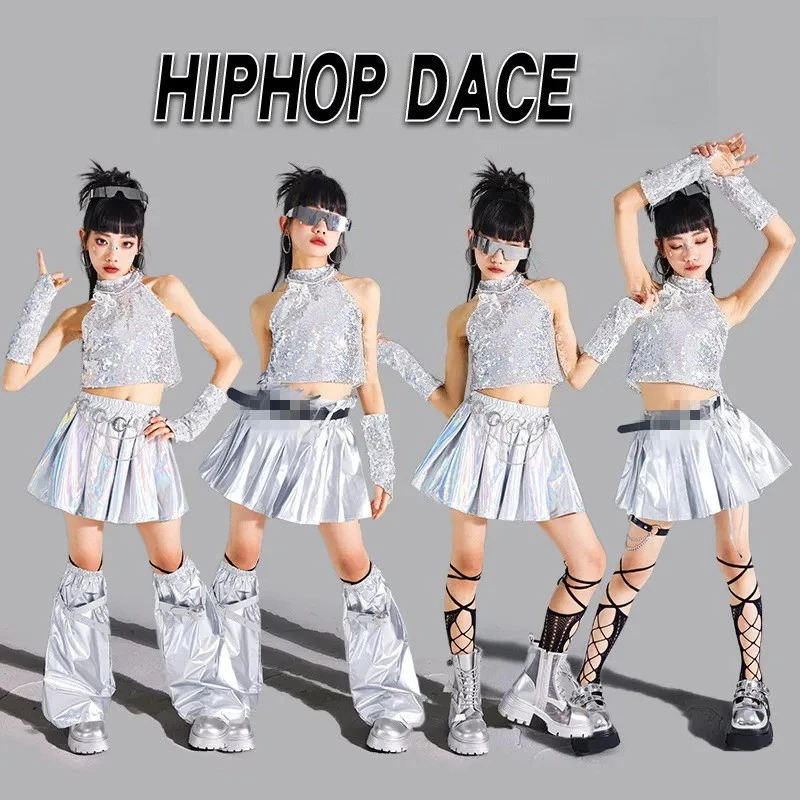 

Комплект одежды для девочек в стиле хип-хоп: укороченный топ с пайетками, блестящая плиссированная юбка, уличная одежда K-pop, джазовый костюм для танцевальных групп