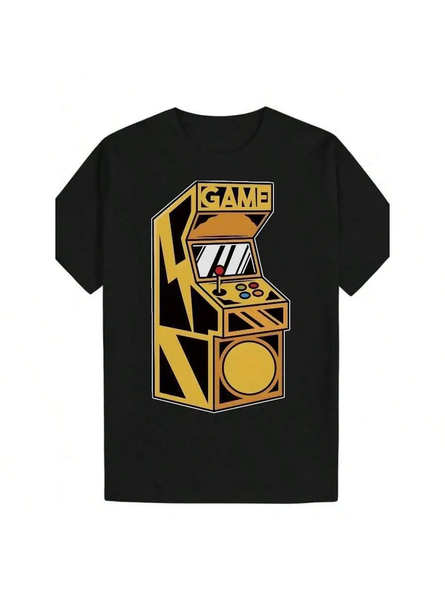 Men's Retro T-Shirt Black & Yellow Arcade Cabinet Graphic Tee Lightweight Summer Shirt For Gamers - Machine Washable Top, 100%