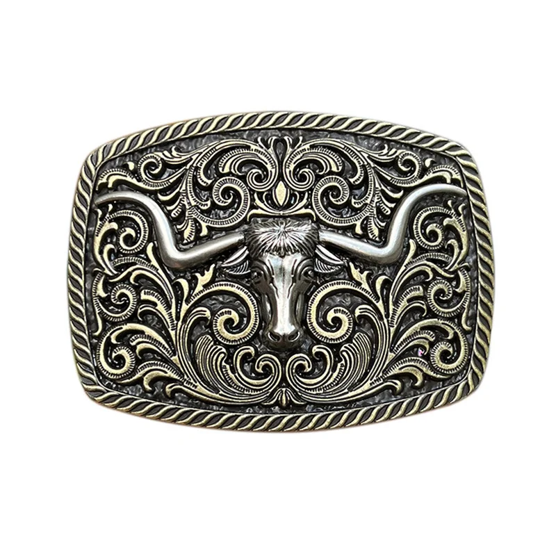 The retro Tang grass-patterned bull head belt buckle features a western cowboy style