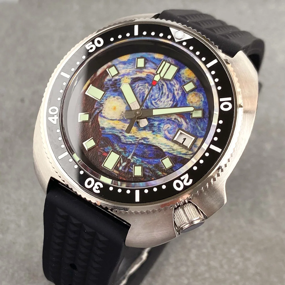 44mm NH35A Captain 20ATM Full Lum Dive Mechanical Watch Men Van Gogh Starry Sky dial red Hand Sapphire Glass Luxury 120 clicks