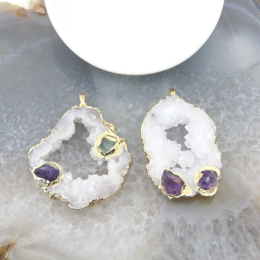 

Natural White Quartz Geode Slab Pendants,Rough Crystal Inlay Amethysts Fluorite Nugget Druzy Drusy Necklace Jewelry Making