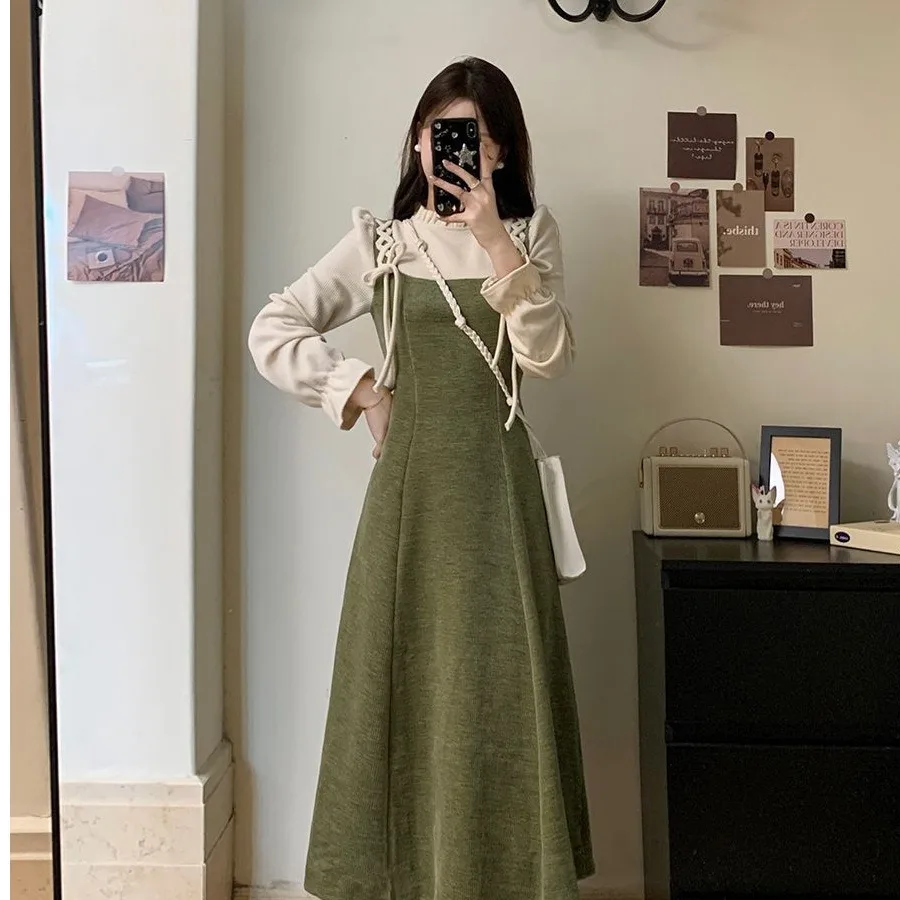 

【New style】 French retro fake two-piece green dress, children's spring and autumn new style, high-end waist long dress