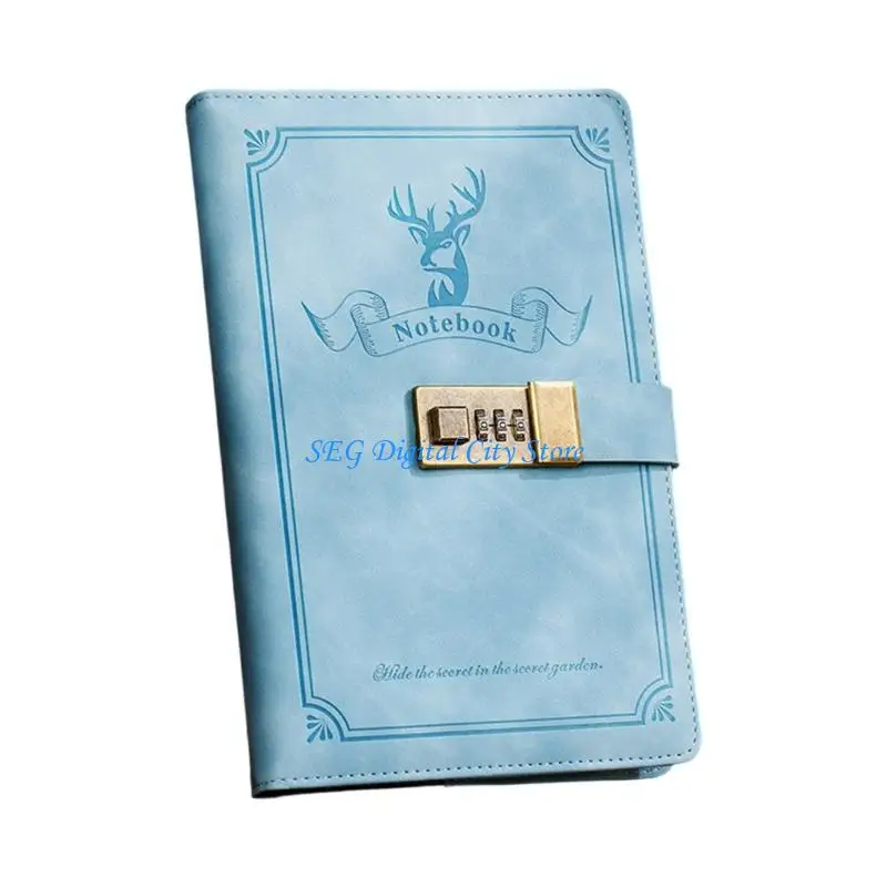 U75B Retro Diary Notebook with Combination Lock PU Leather Travel Journal 200 Pages