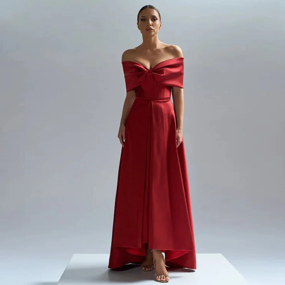 

Burgundy Bespoke Occasion Gown Satin Bow Ruched Women's Evening Gowns A-line Off-the-shoulder Hi-Lo Dresses 2024 Formal Dress