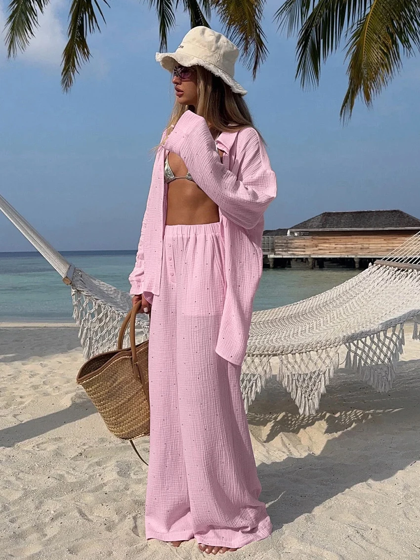 Marthaqiqi Pink Cotton Ladies Sleepwear Suit Long Sleeve Nightwear Turn-Down Collar Pajamas Pants Female Nightgowns 2 Piece Set