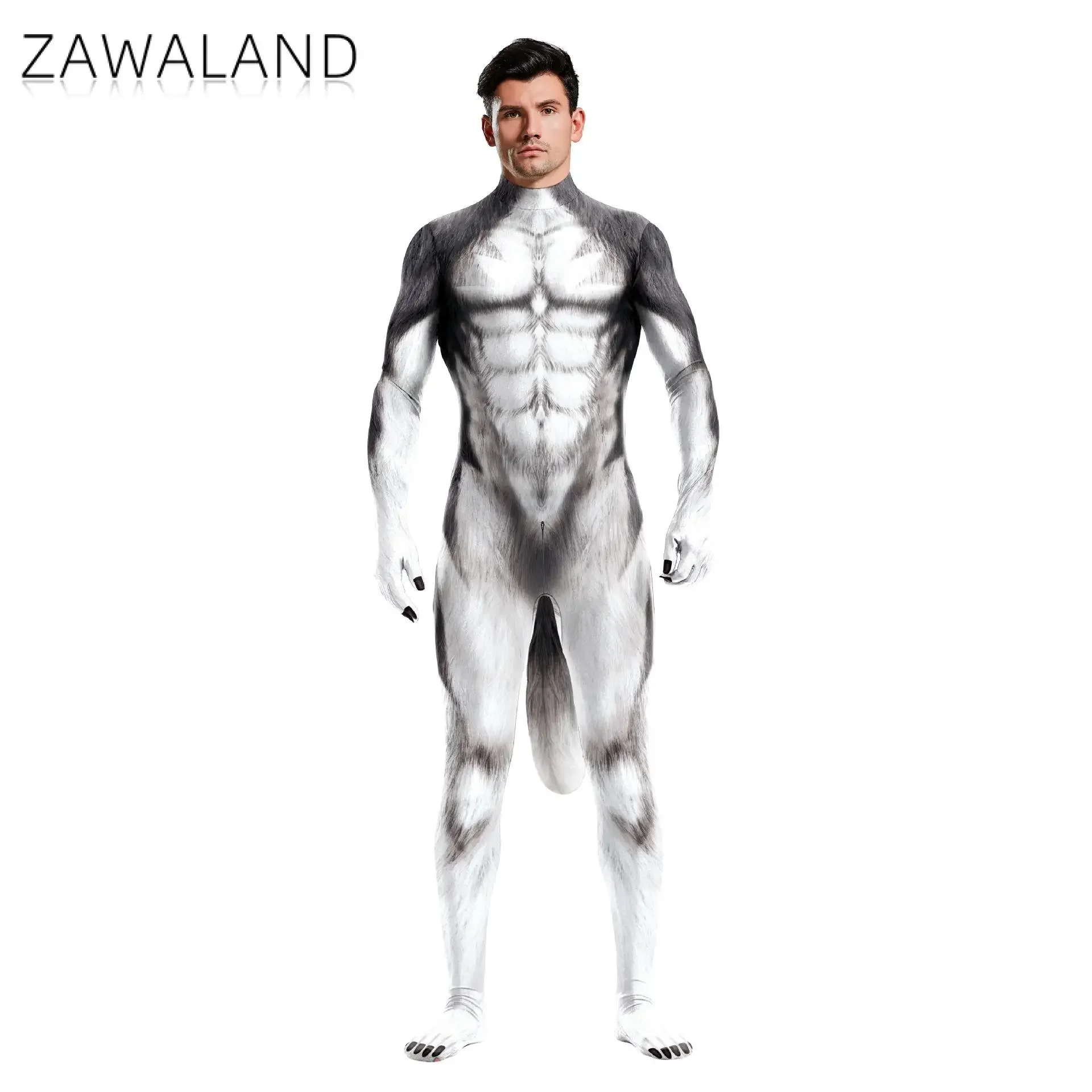 Zawaland Animale Lupo Costume Cosplay da uomo adulto Husky siberiano Tuta con coda Fancy Dress Up Stampa Zentai Tuta intera