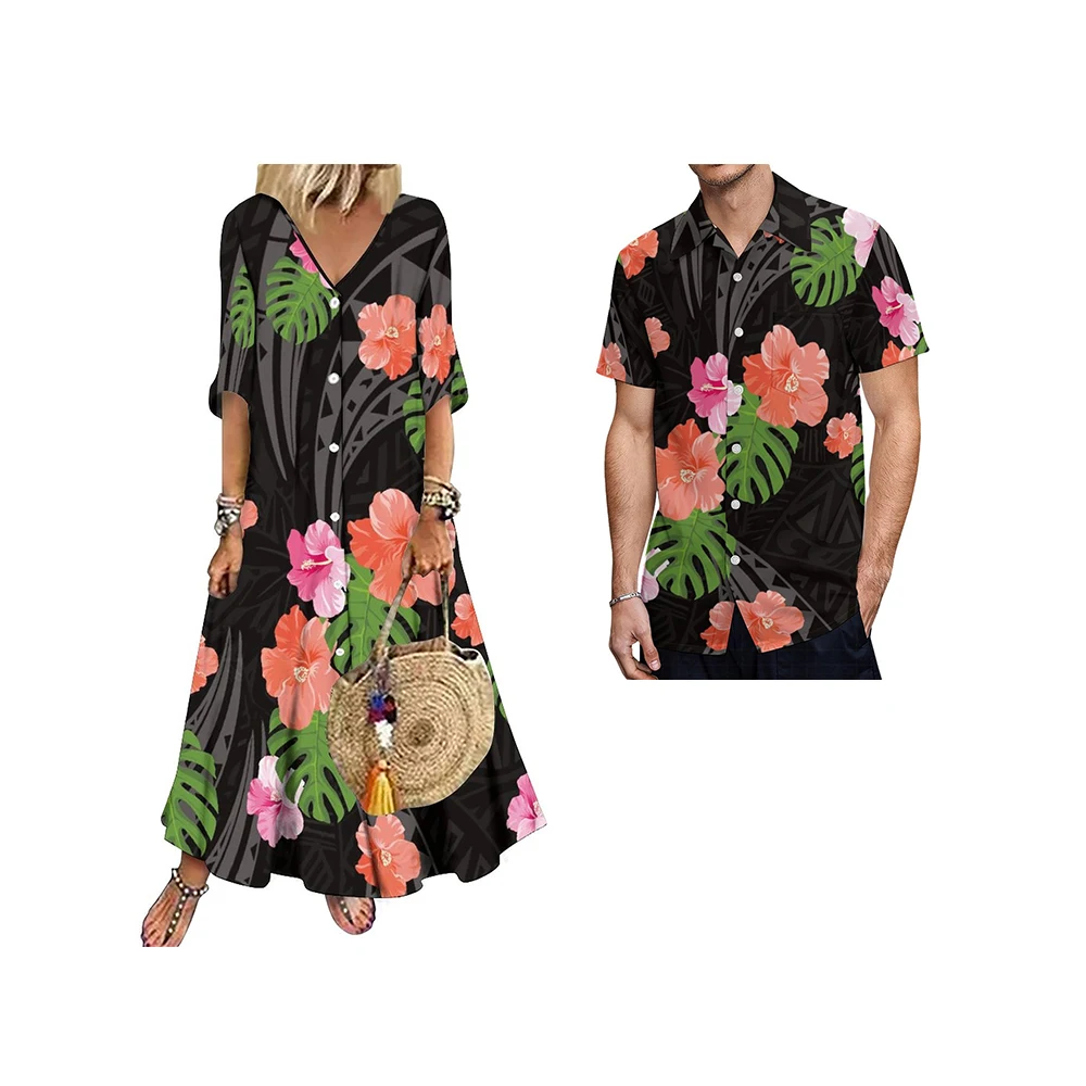 New Fashionable V- Neck Button Ladies Dress Polynesian Dresses Casual Long Dress For Women Match Mens Shirt