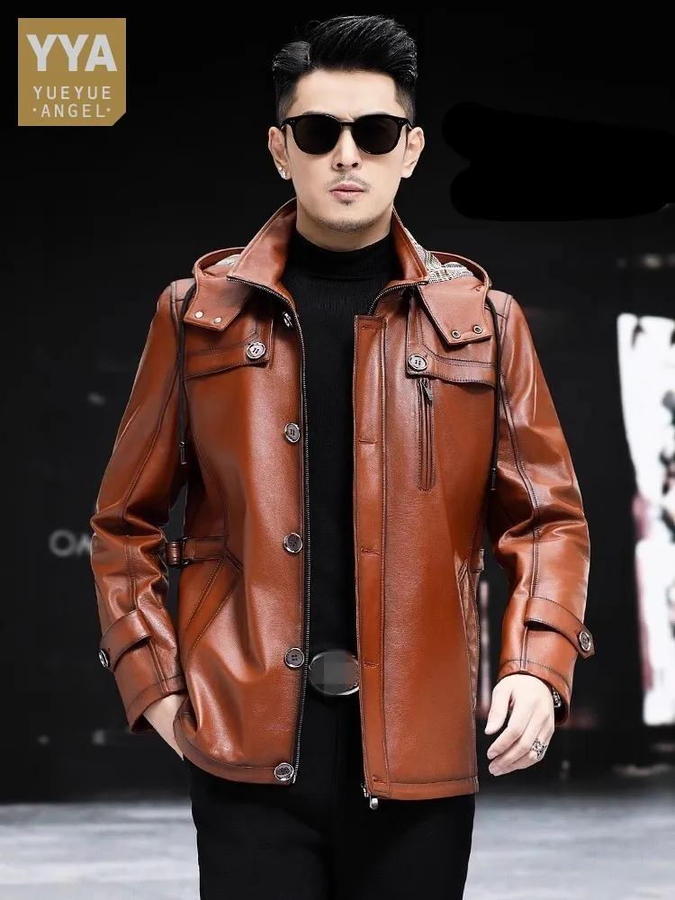 New Men Genuine Leather Jacket Detachable Hooded Slim Fit Vintage Business Casual Spring Autumn Mens Real Cowhide Coats Size 5XL