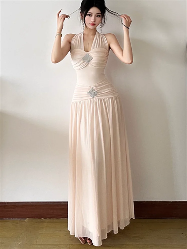 عطلة الصيف النساء الجنية عطلة الشاطئ الأخضر فستان طويل رومانسية الرسن الخامس الرقبة عارية الذراعين الخرز الخصر النحيف فستان شبكي Vestidos