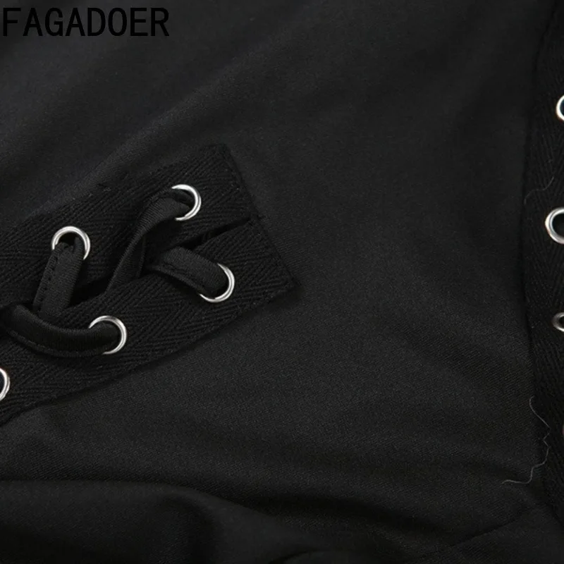 FAGADOER Sexy Bandage Patchwork Woman 2 Piece Set Outfit Solid Color Long Sleeves Crop Top + Pants Midnight Female Streetwear