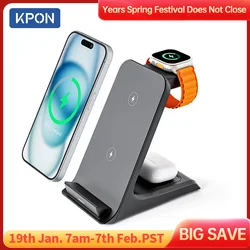 KPON 3 in 1 Wireless Charger Stand Fast Charging Station Dock For iPhone 16/15/14/13 Pro Max Apple iWatch 9/8/7/6/5 Airpods 3/2