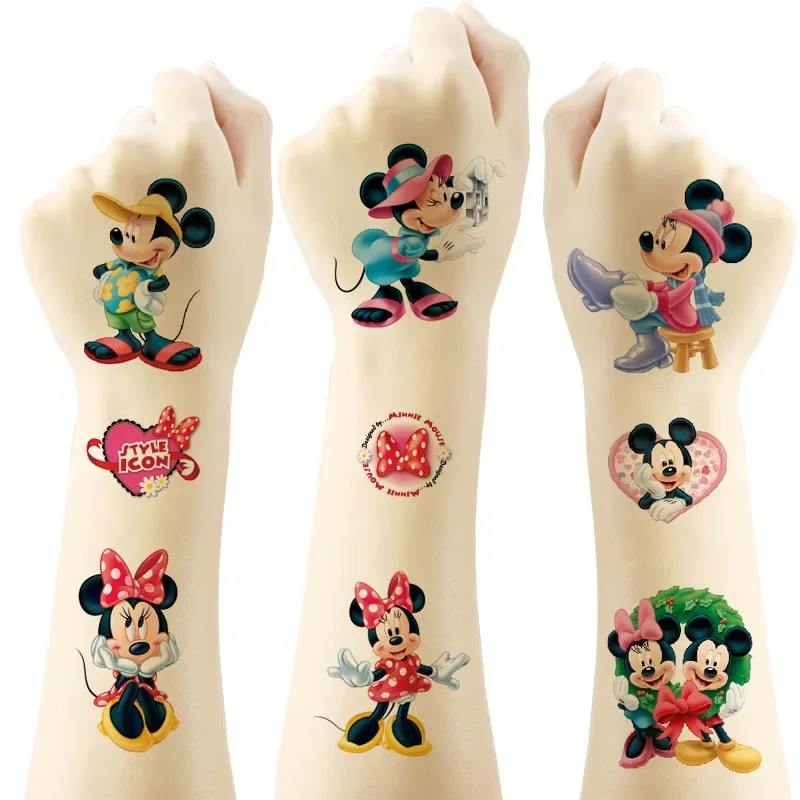 Disney-pegatinas de tatuaje de Mickey y Minnie Mouse, pegatinas de tatuaje Kawaii para fiesta de niños, pegatina de transferencia de agua