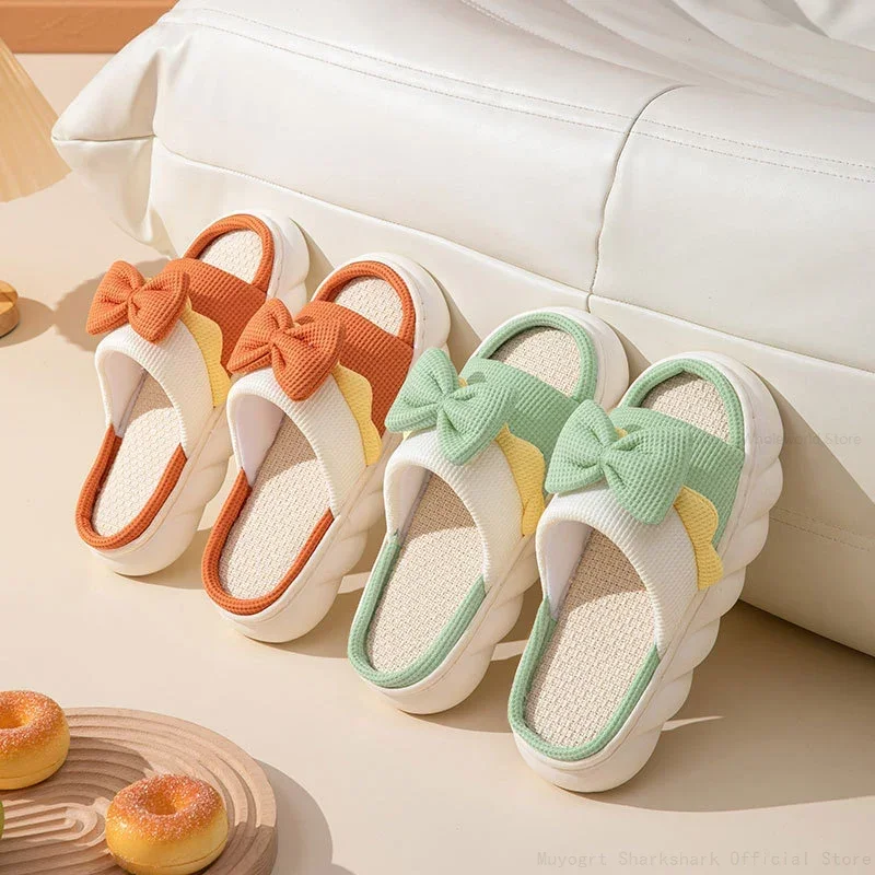 Pantoufles en lin coordonnantes pour femmes, pantoufles d'intérieur confortables, chaussures de maison en coton, nœud papillon mignon, pantoufles plates, toboggans pour couples, printemps, été