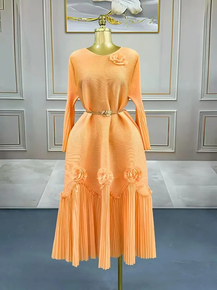 

Miyake Autumn New Dress Women's Long Sleeve Embroidered Design Plus Size Ball Party Medium Length Dress
