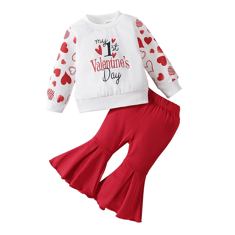 

Toddler Baby Girl Valentines Outfits Long Sleeve Crewneck Letter Heart Print Sweatshirt Bell Bottom Pants Set