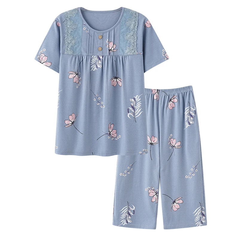 Newest M-4XL Women Pajamas Set Summer Short Sleeve Pyjamas Loose Home Clothes 100% Cotton Floral Sleepwear