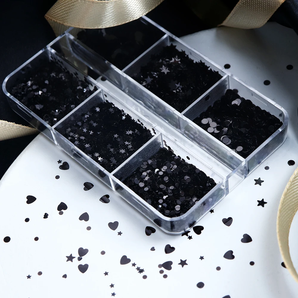 อุปกรณ์ตกแต่งเล็บแบบกลิตเตอร์สีดำขนาดเล็ก รูปหัวใจ ดาว วงกลม สำหรับทำเล็บสไตล์ดาร์ก DIY