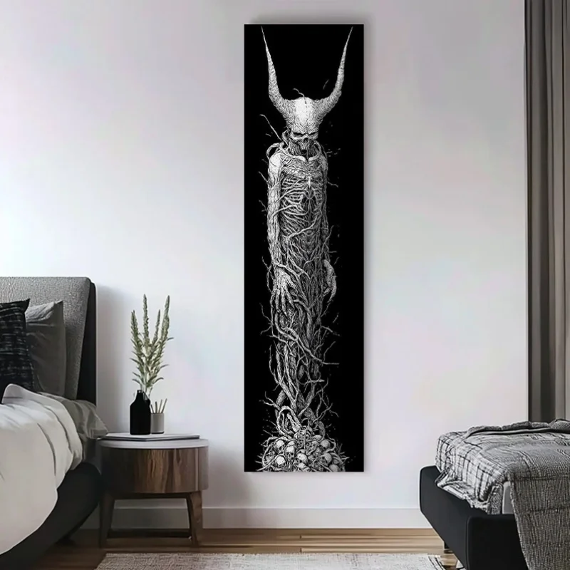 VIKAMA Demon Skull Tapestry Black - Thorn Sheep Horn Wall Hanging, Dark Fantasy Art, Heavy Metal Room Decor, Subculture Cloth