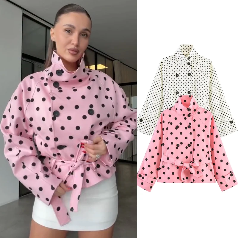 

Women's 2026 New Spring Jackets Fashion Pink Polka dot Elegant Women's Loose Belt Warm Coats Spring Street Youth Travel Jackets