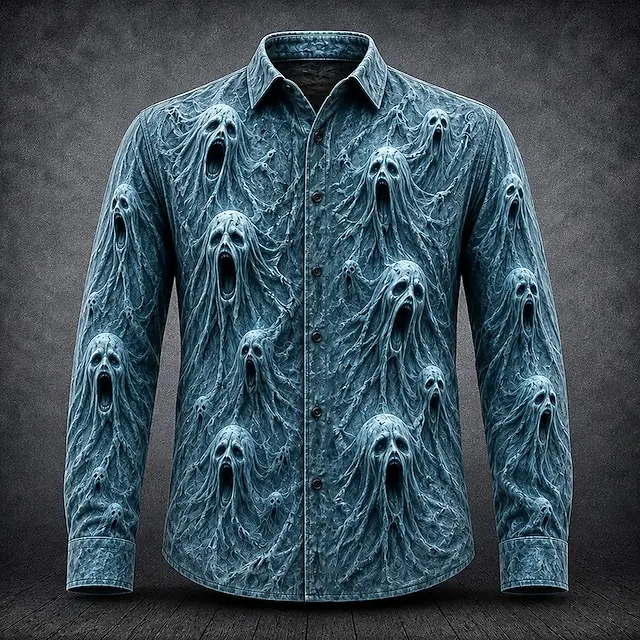 Men Gothic Horror 3D Print Long Sleeve Shirt Screaming Ghost Pattern Lapel Button Shirt Halloween Party Unisex Top
