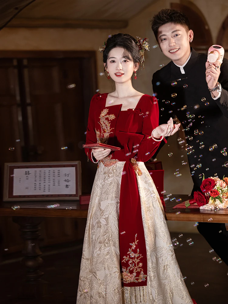 

Ele Red Wedding Dr Chinese Sle New Bride Dr Long Sve Evening Gown for Wedding Banquet Performance And Daily Wear