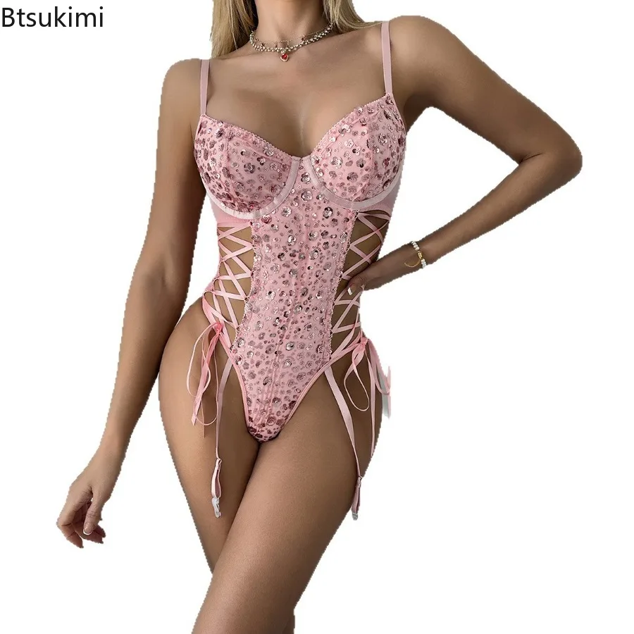 女性用ピンクのスパンコール付きランジェリーセクシーなジャンプスーツ、ヒップとウエストを引き上げるギャザー入りランジェリー、バタフライストラップ、シースルートップス