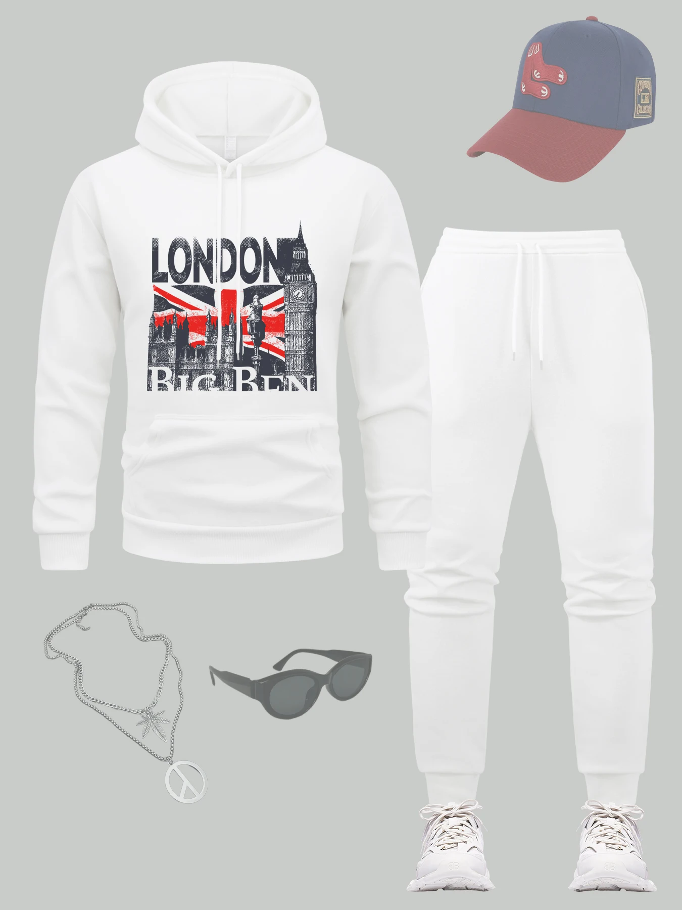 

London Big Ben Prints Man Hoodie Set Fleece Casual Tracksuit Pocket Autumn Jogging Pants Loose All-Match Sweatpants Fashion Suit
