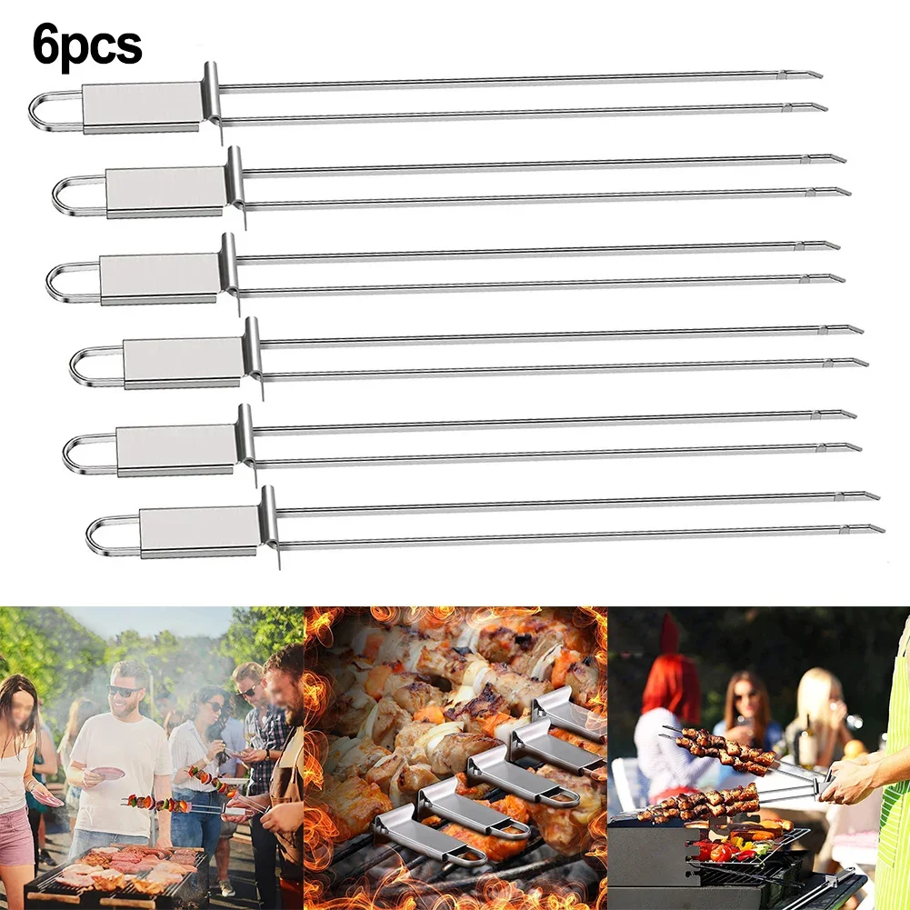 6 Pcs Stainless Steel BBQ Skewers BBQ Skewers Push Bar 32.5cm Long Double Pronged For Grilling Kebabs Satay Yakitori Barbecue