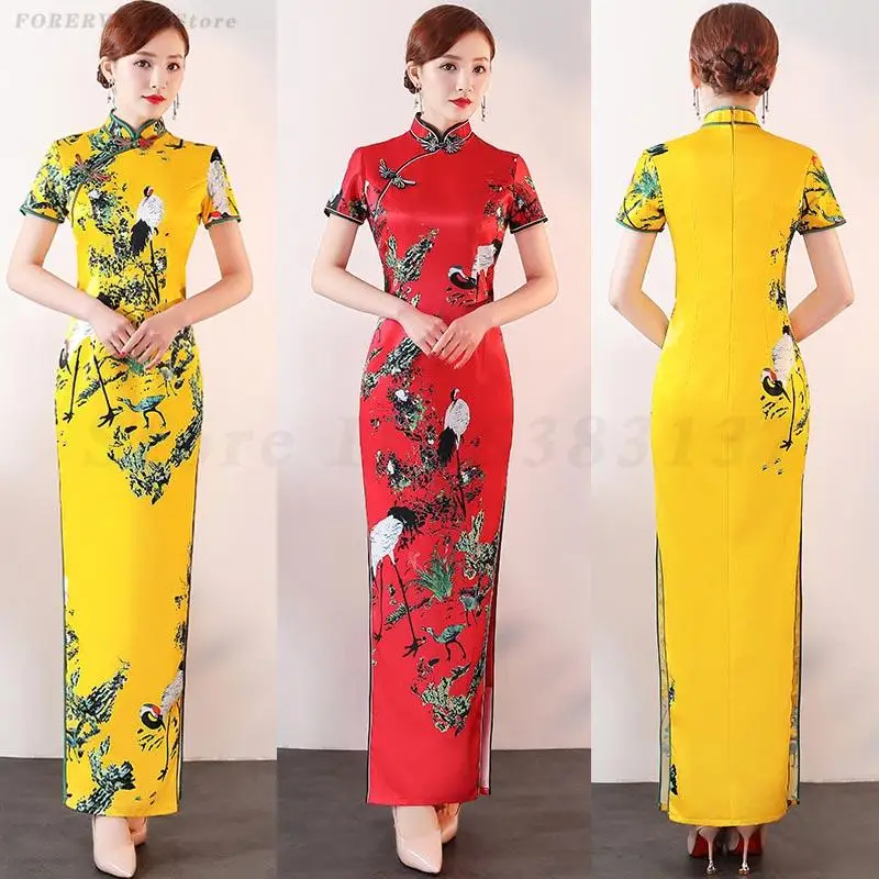 

Атласное женское платье Ципао с принтом, сексуальное Cheongsam с высоким разрезом, большие размеры 3XL-5XL, традиционное вечернее платье с воротником-стойкой, Vestidos