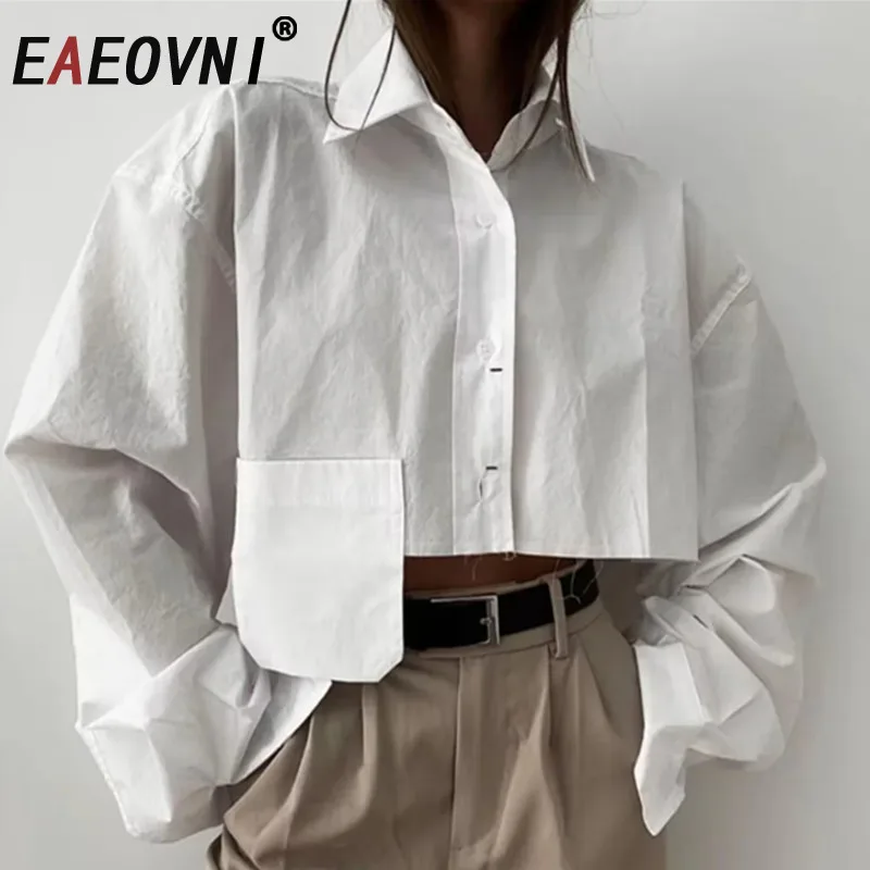 

EAEOVNI High Street женская короткая блузка с лацканами и карманами, рубашка на пуговицах, модные тонкие топы, новинка 2023 года, 1A652