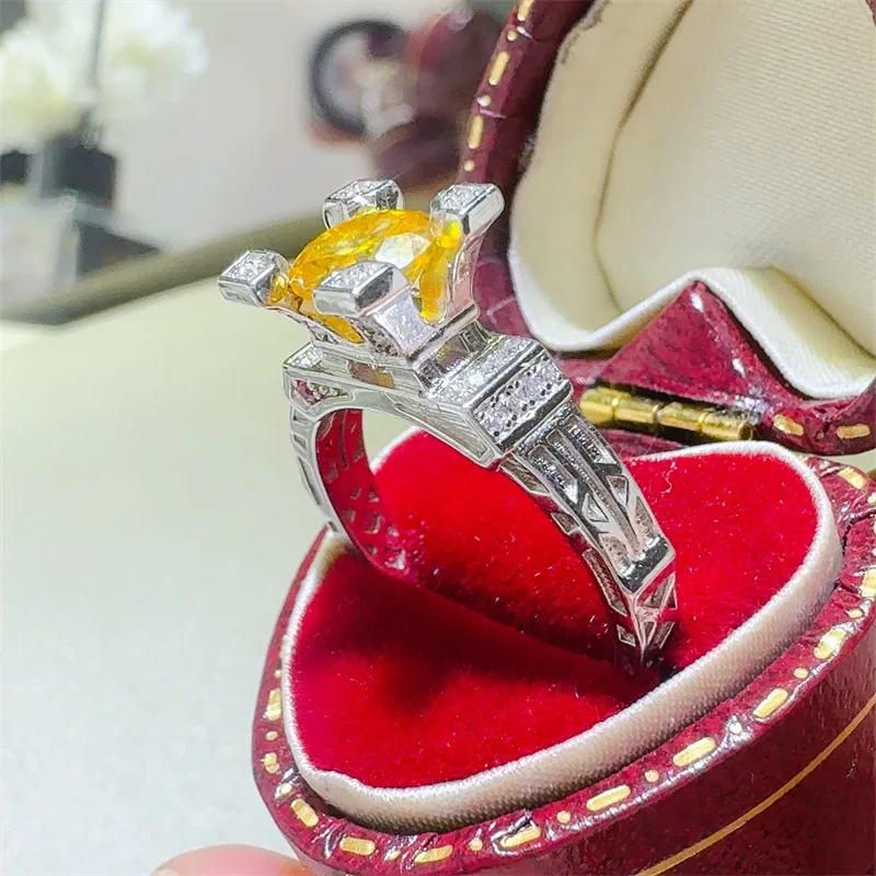 

Eiffel Tower 1Ct Yellow Moissanite Diamond Ring 925 Sterling Silver Party Wedding Band Rings for Women Bridal Engagement Jewelry