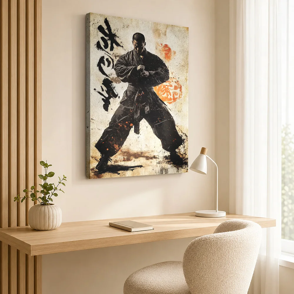 Martial Arts Master In Action Pose Framed Canvas Poster Customized Photo Japanese Ink Wall Art for Bedroom Decor Ready to Hang