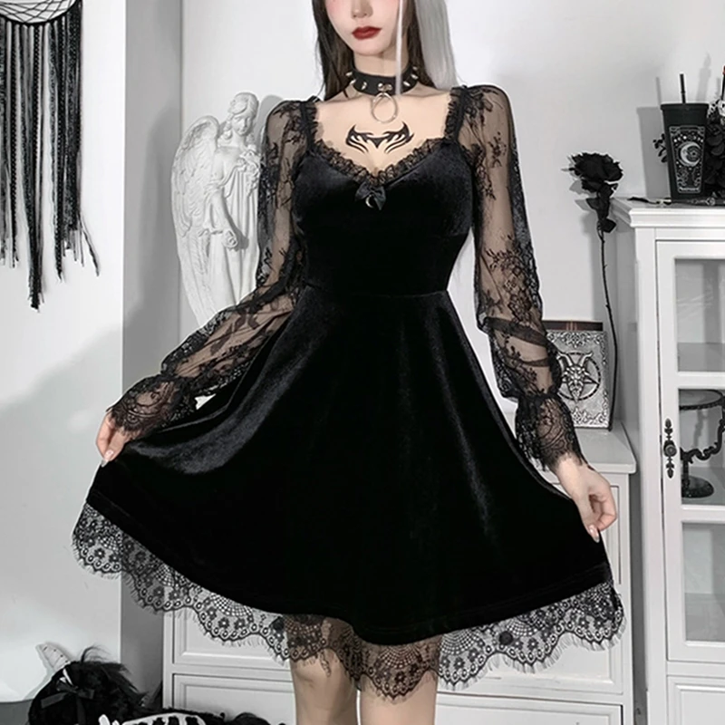 E-girl Grunge Gothic Black Mini Dress Lace Trim High Waist Bodycon Dress Y2K Women 90s Vintage Punk Harajuku Lolita Clothes