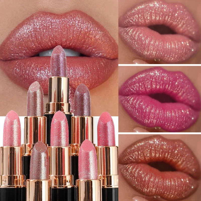 6 Colors Glitter Lipstick Waterproof Lasting Diamond Pearlescent Metallic Lipstick Pink Red Lip Gloss Women Lips Makeup Cosmetic