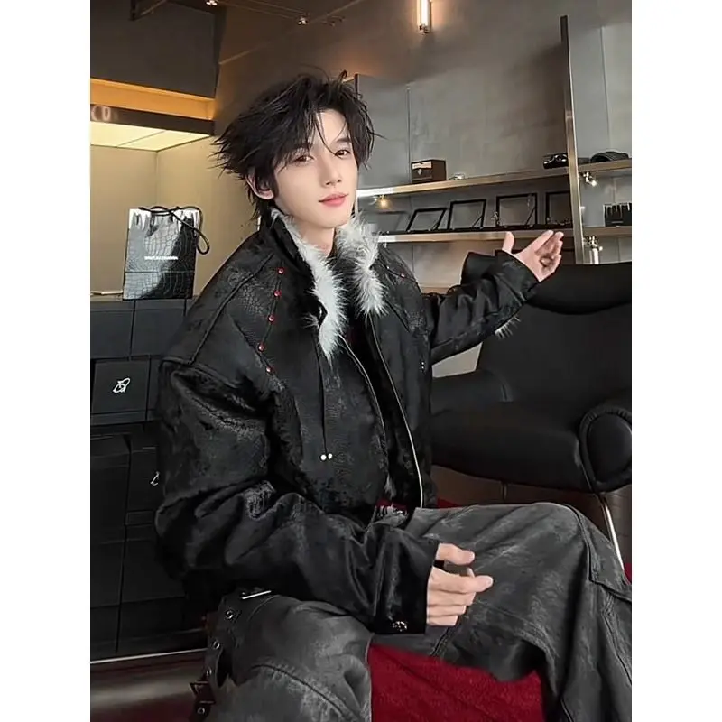 

American Sle Thiened Fce Lined Leather Jaet Men's Winter Coat with Fur Collar Cleanfit Polyester Fiber Casual Wear